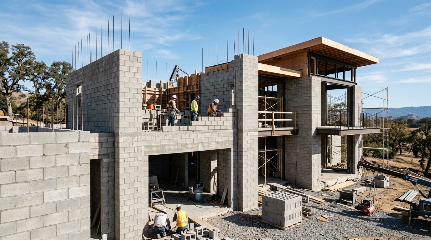 Obra em andamento utilizando blocos da Cardoso Pré-Moldados